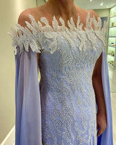 Fabulous Blue A-Line Off-The-Shoulder Cap Sleeves Sequined Long Chiffon Mother of the Bride Dress